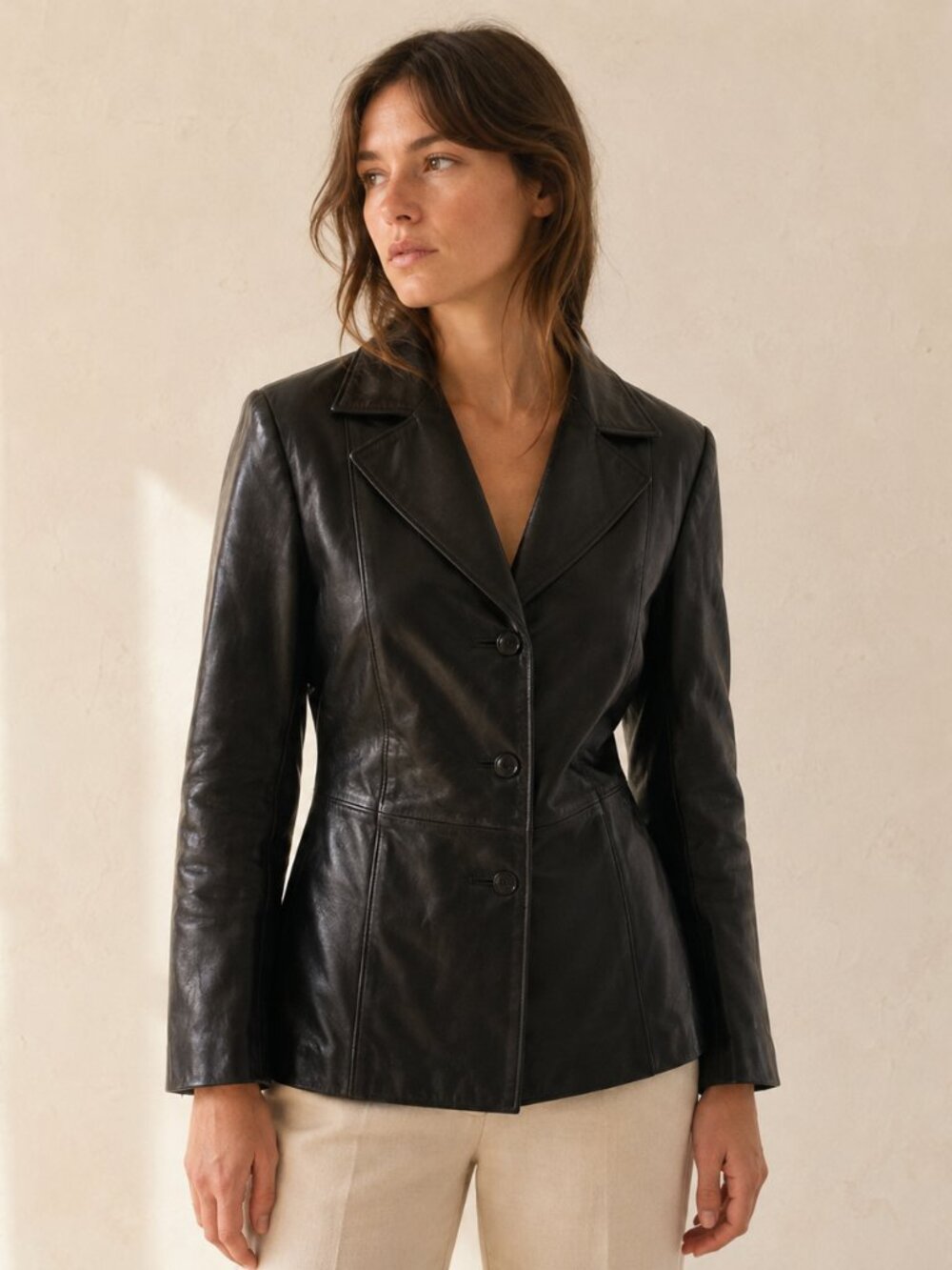 Womens Black Leather Blazer Jacket Tailored Fitted Minimal Chic Parisian Style